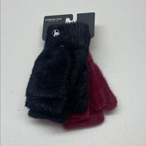 London Fog Black and Burgundy Fuzzy Gloves